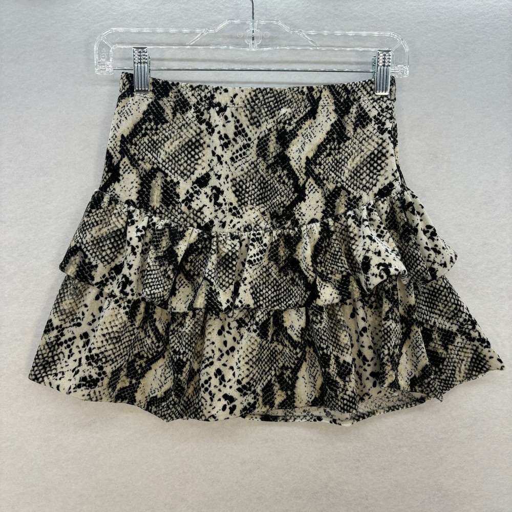 Cheryl Creations Snakeskin Ruffle Tiered Mini Skirt Black Beige Edgy Rock SMALL